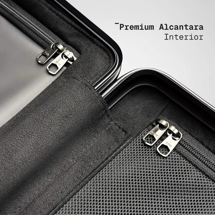 Close-up of a suitcase with premium Alcantara interior and zippers.