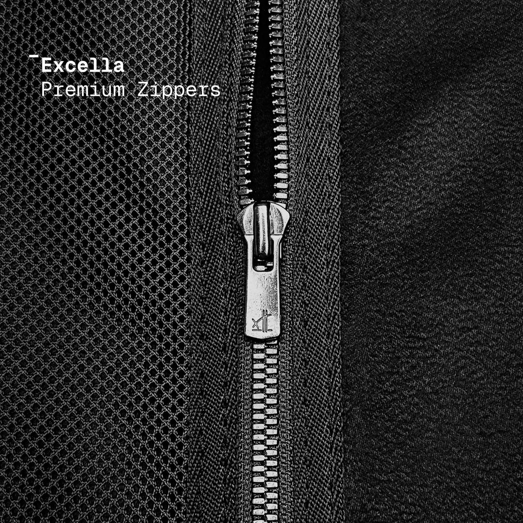 Close-up of a zipper on a textured black fabric with 'Excella Premium Zippers' text.