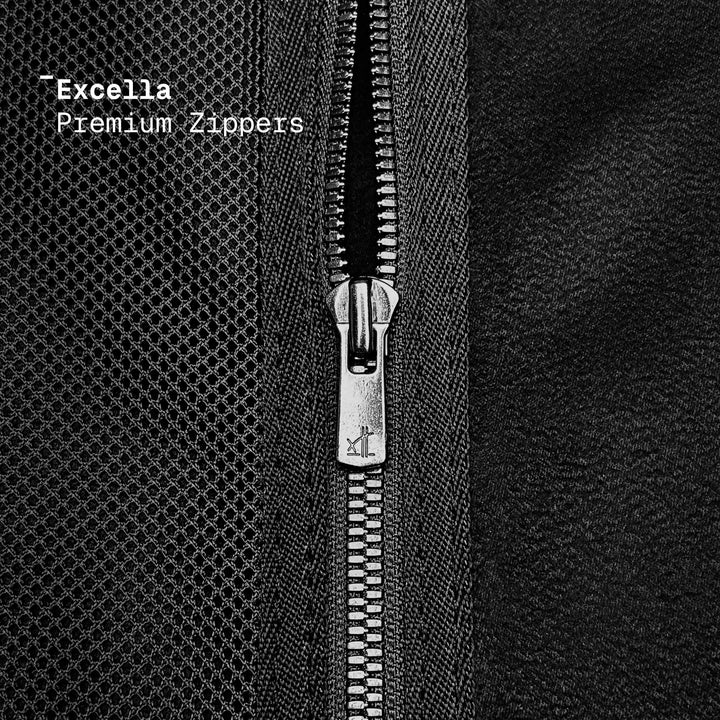 Close-up of a zipper on a textured black fabric with 'Excella Premium Zippers' text.