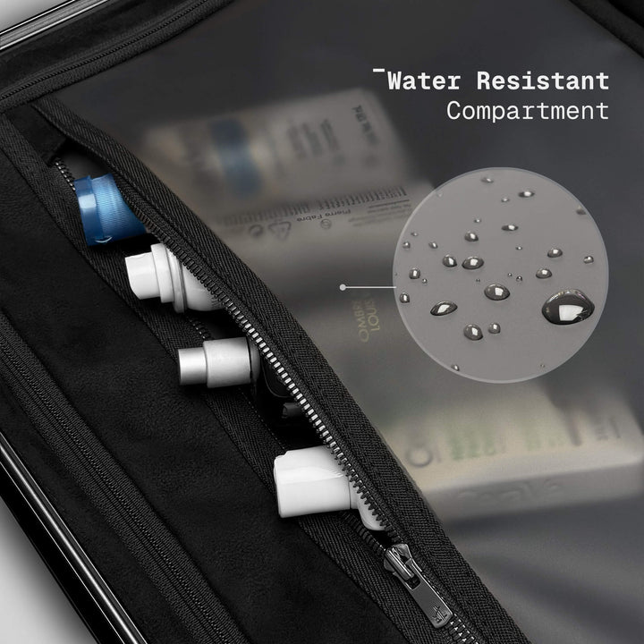 Water resistant compartment with a close-up of water droplets on a black surface.