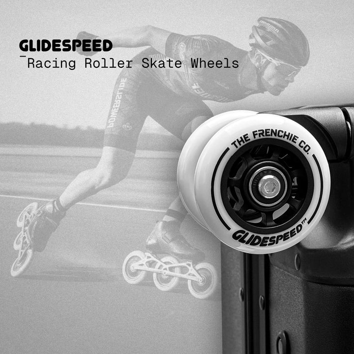 Racing roller skate wheels with 'Glidespeed' branding and a blurred background of a skater.