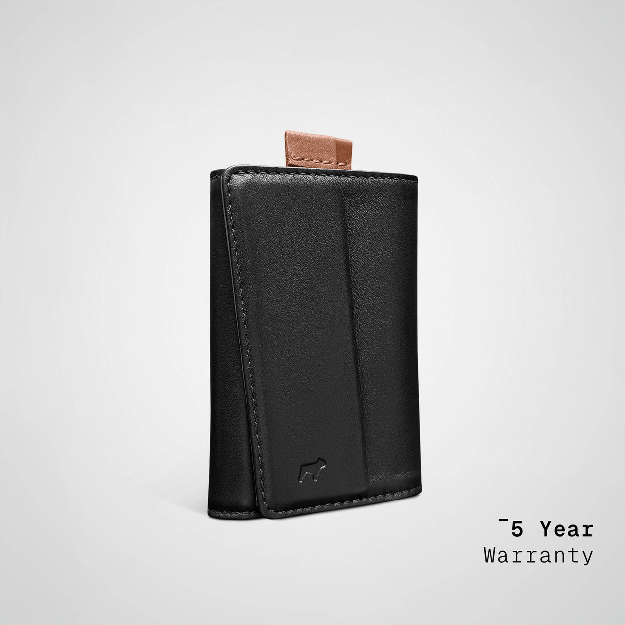 Black leather wallet with a brown pull tab on a light gray background, featuring a '5 Year Warranty' text.