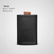 Black leather wallet with 'RFID Anti-theft Security' text on a light gray background