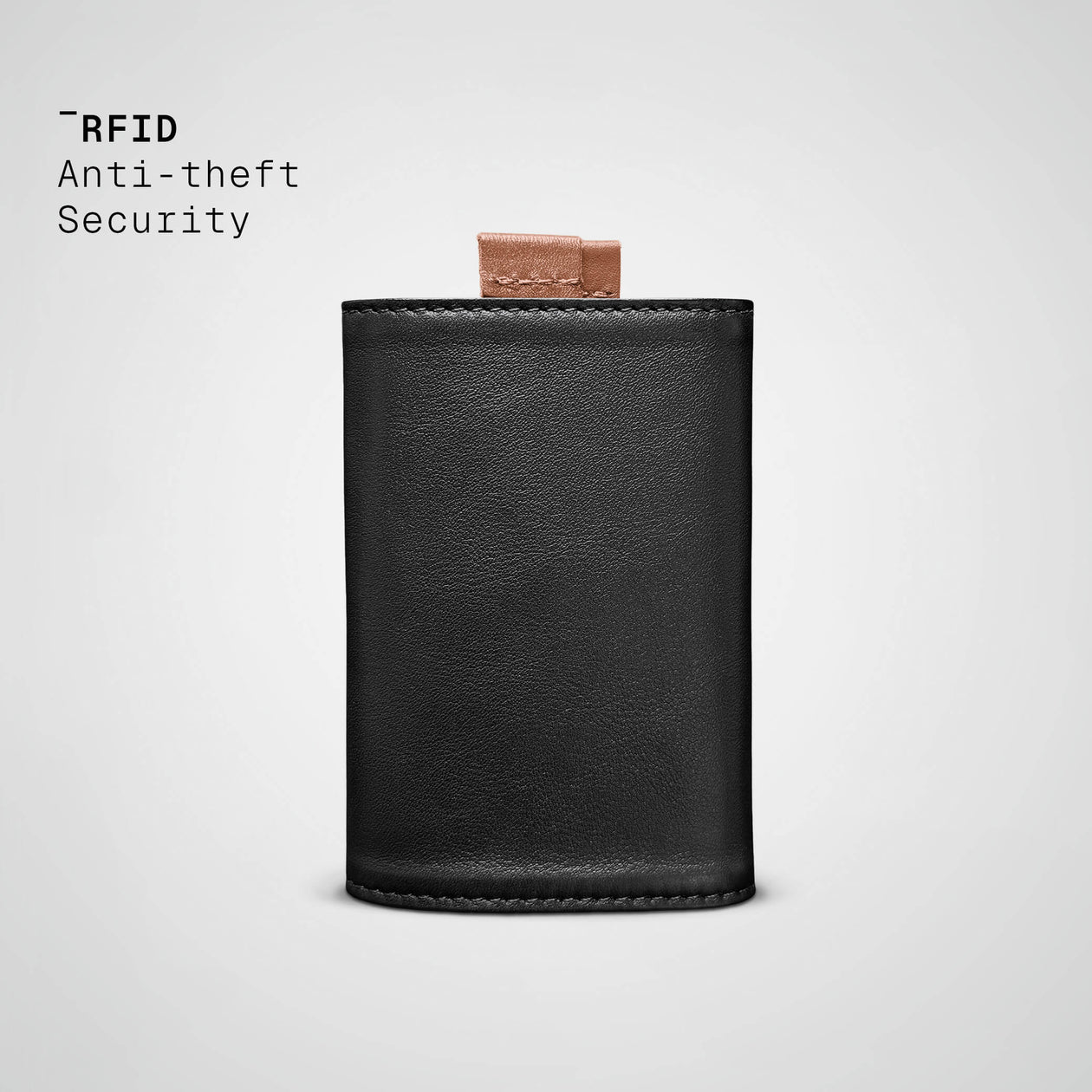Black leather wallet with 'RFID Anti-theft Security' text on a light gray background