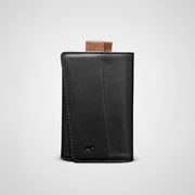 Black leather wallet with a brand logo on a light gray background