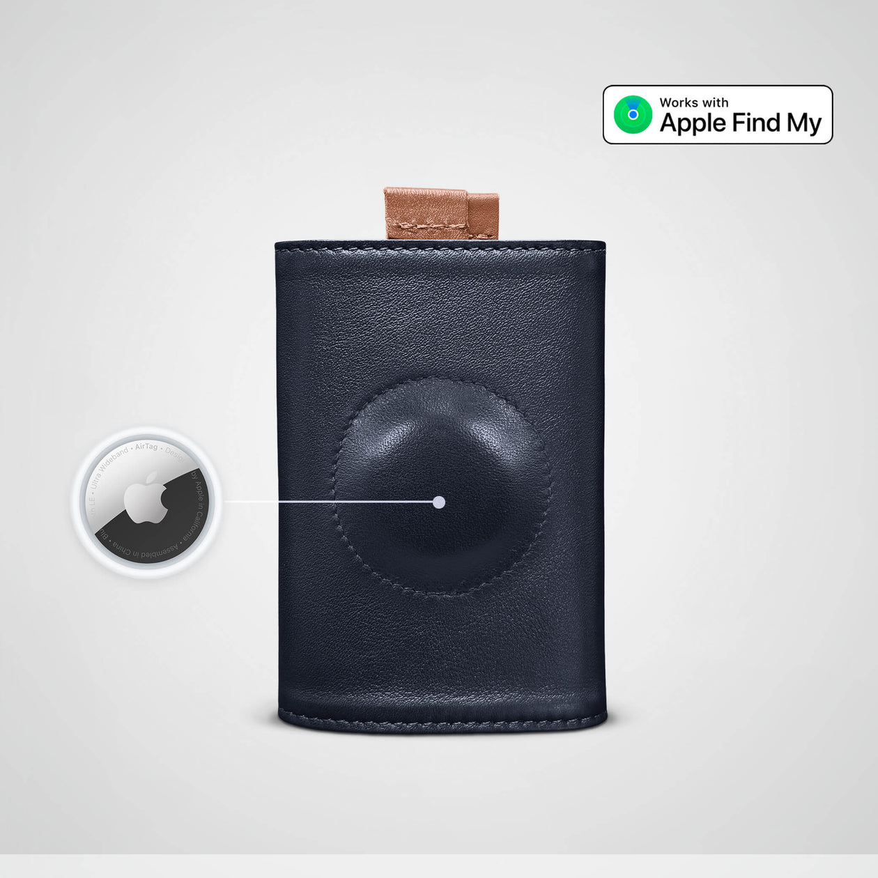 Black leather case with Apple Find My feature on a light gray background