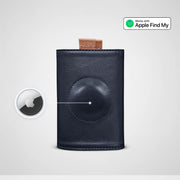 Black leather case with Apple Find My feature on a light gray background