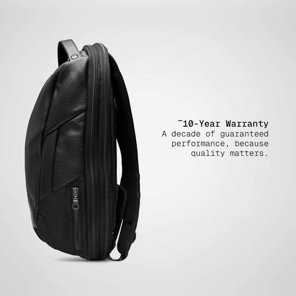 Black Vector Speed Backpack in leather, side profile showing the 16 cm depth