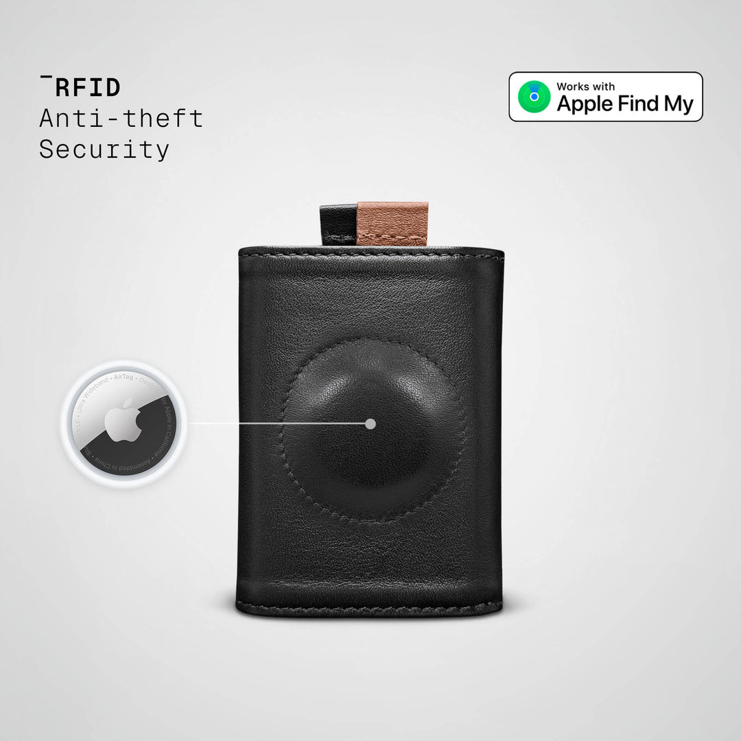 Black leather wallet with Apple Find My logo on a light gray background
