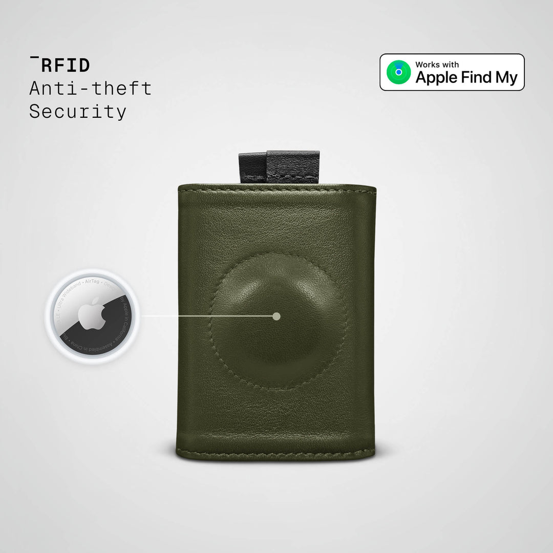Green leather wallet with RFID anti-theft security feature on a light gray background