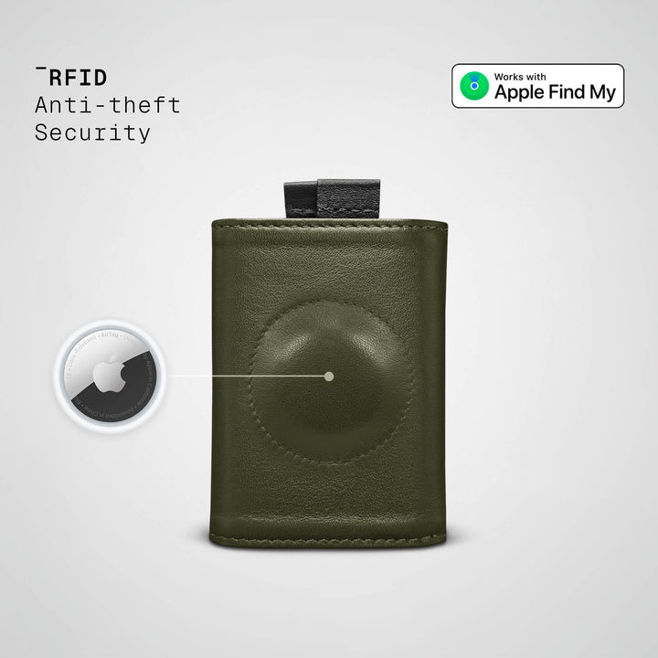 Green leather wallet with RFID anti-theft security feature on a light gray background