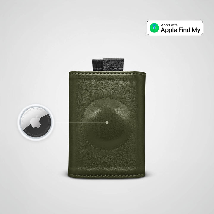 Green leather wallet with Apple Find My feature on a white background