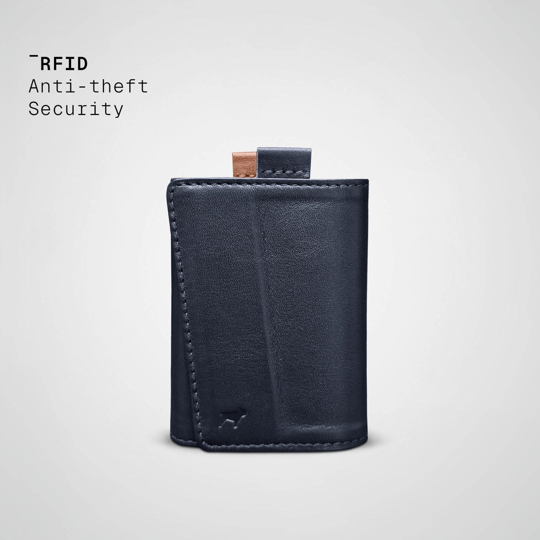 Black leather wallet with 'RFID Anti-theft Security' text on a light gray background