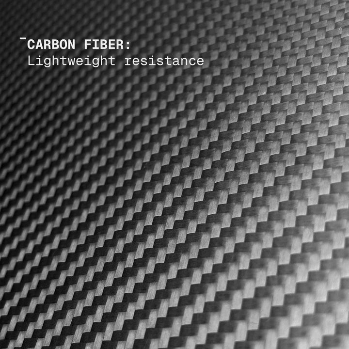 Close-up of carbon fiber texture with text 'Carbon Fiber: Lightweight resistance'.