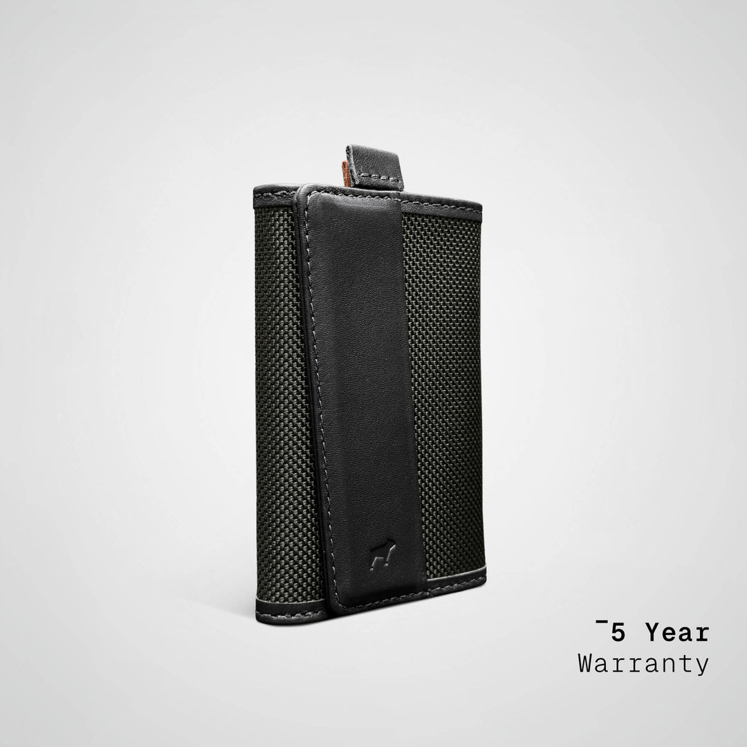 Black leather wallet on a light gray background with '5 Year Warranty' text.