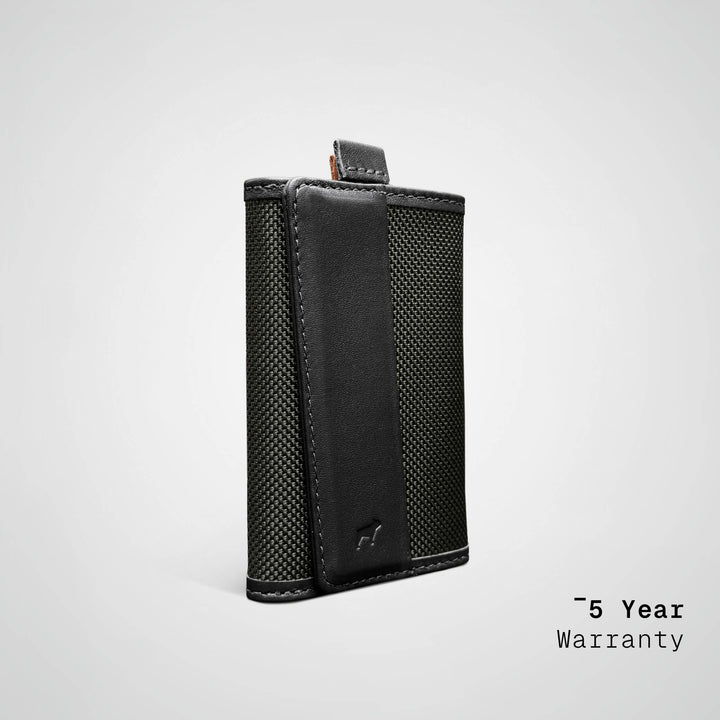 Black leather wallet on a light gray background with '5 Year Warranty' text.