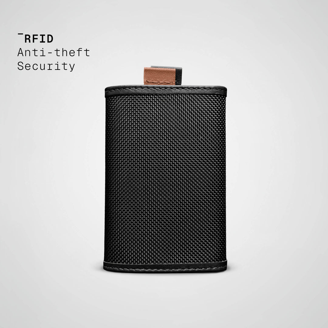 Black wallet with 'RFID Anti-theft Security' text on a light gray background