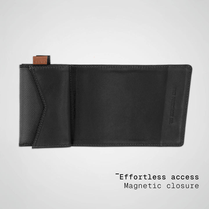 Black wallet with magnetic closure on a light gray background