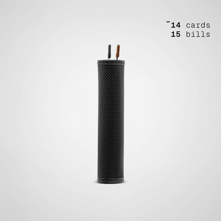 Black cylindrical object with two small sticks on a white background