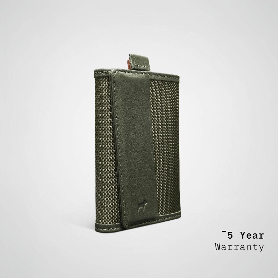 Green wallet with textured surface on a light gray background