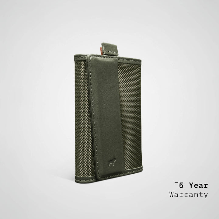 Green wallet with textured surface on a light gray background