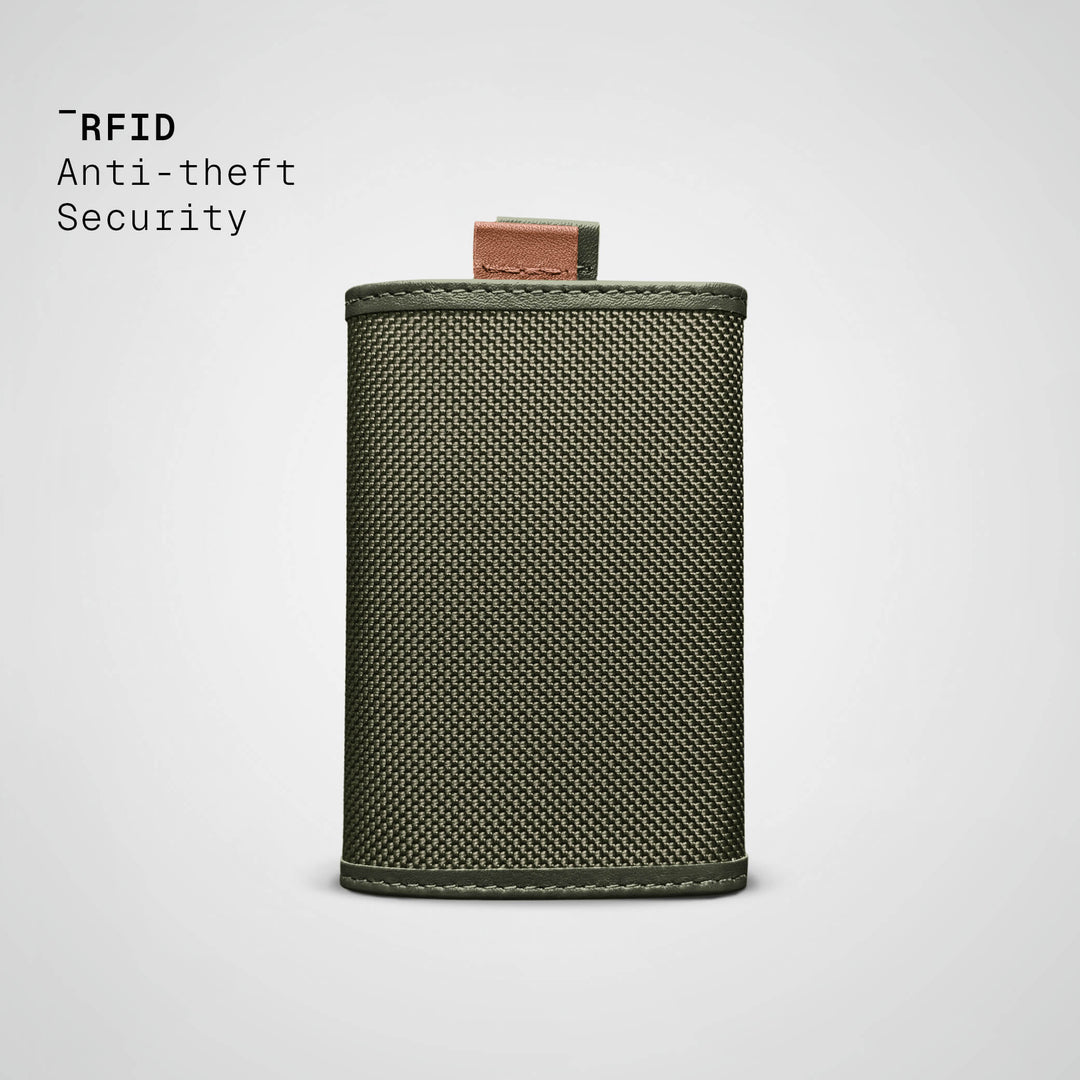 Green wallet with 'RFID Anti-theft Security' text on a light gray background