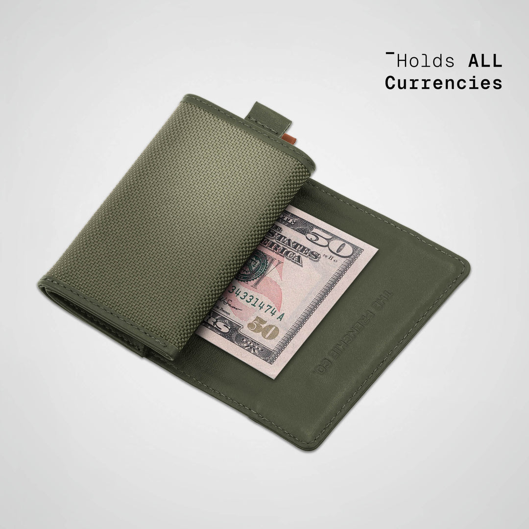 Green wallet with a $50 bill inside on a light gray background