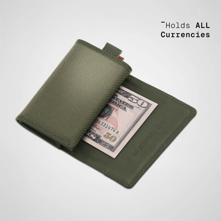 Green wallet with a $50 bill inside on a light gray background