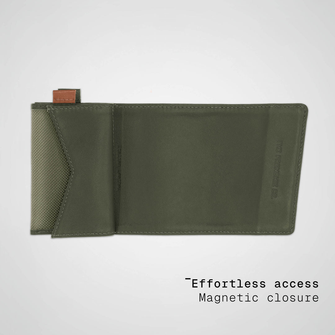 Green wallet with magnetic closure on a light gray background