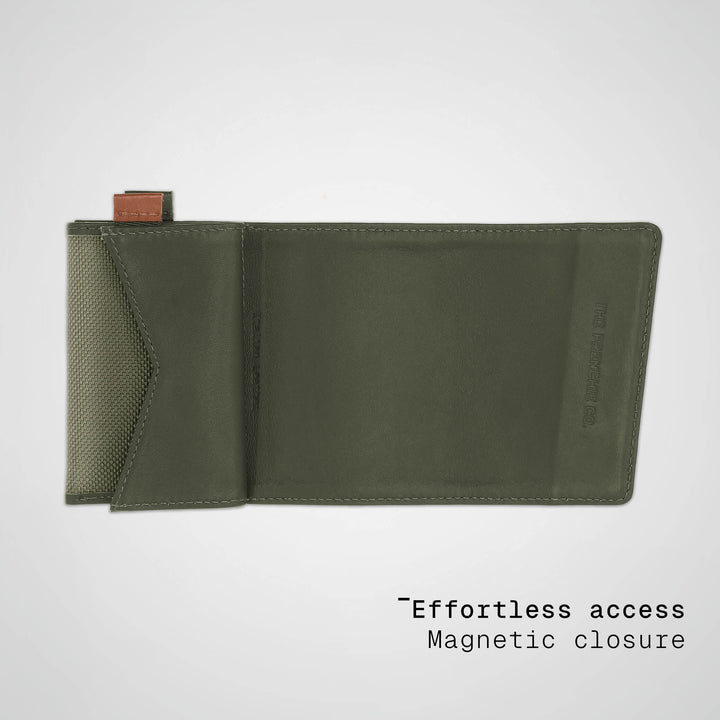 Green wallet with magnetic closure on a light gray background