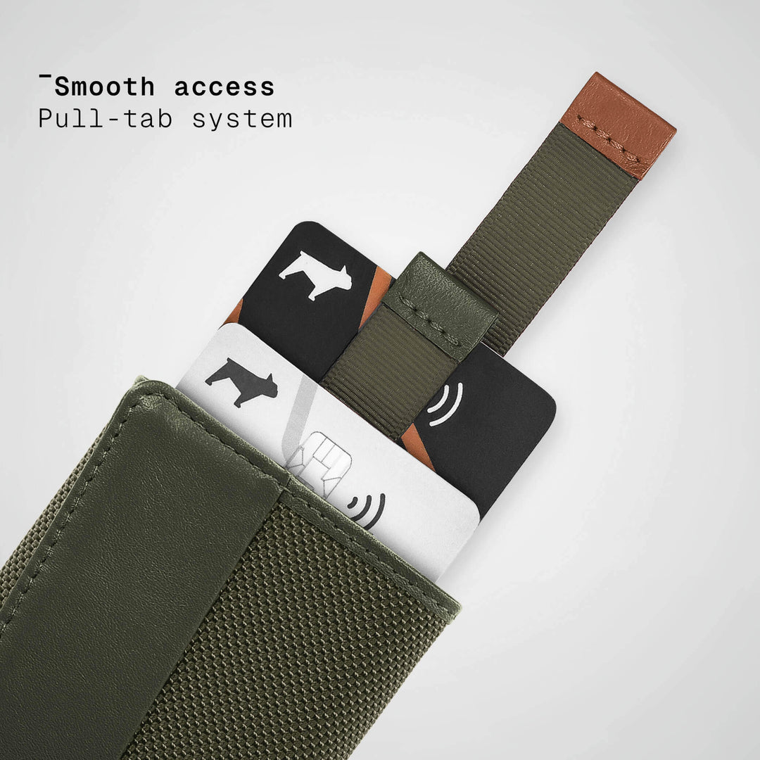 Green cardholder with pull-tab system on a white background