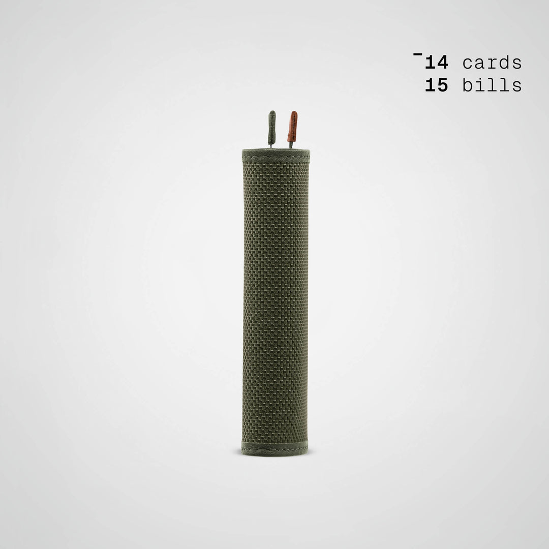 Green The Frenchie Co wallet with two small straps on a white background