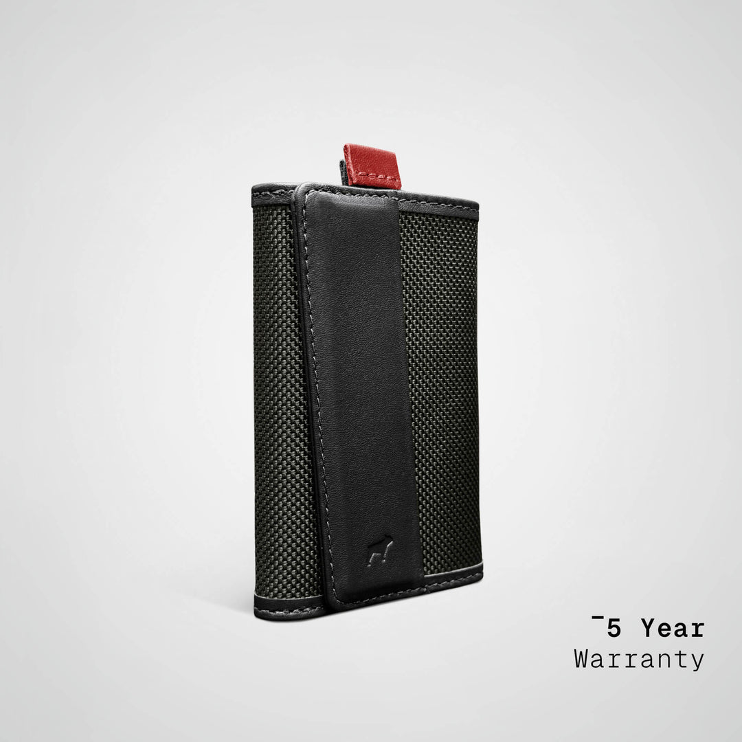 Black leather wallet with red accent on a light gray background