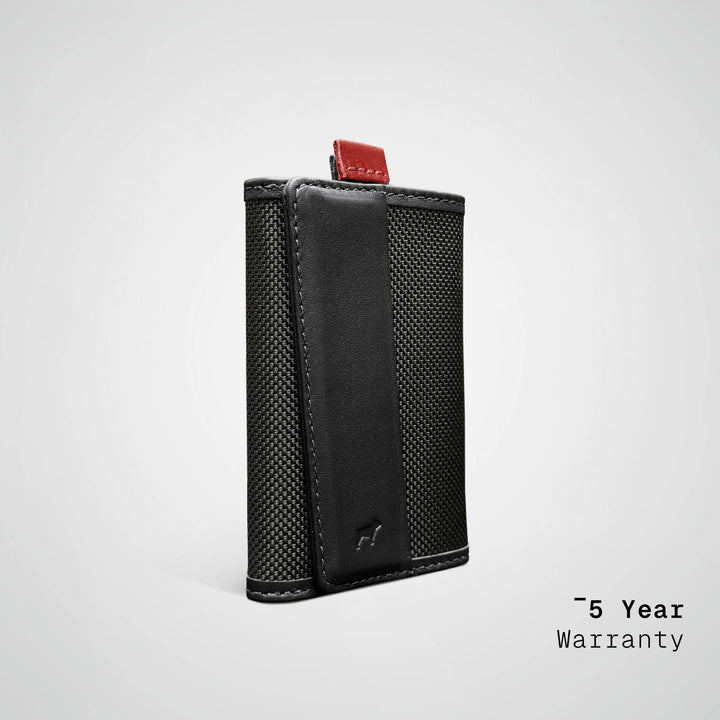 Black leather wallet with red accent on a light gray background