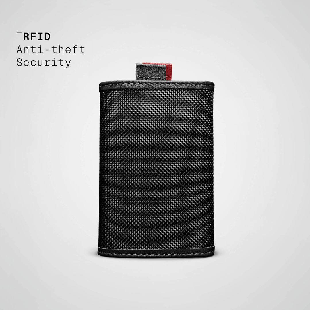 Black wallet with red accent on a light gray background, featuring 'RFID Anti-theft Security' text.