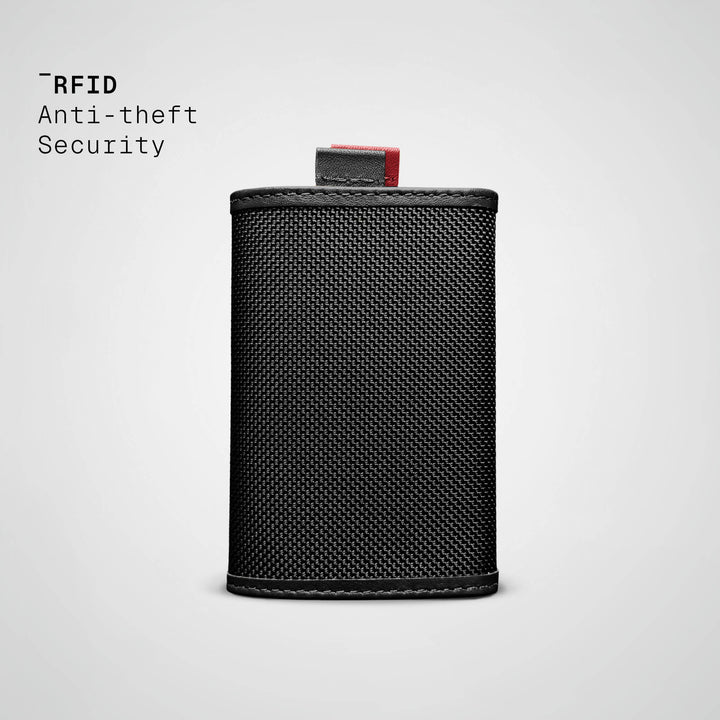 Black wallet with red accent on a light gray background, featuring 'RFID Anti-theft Security' text.