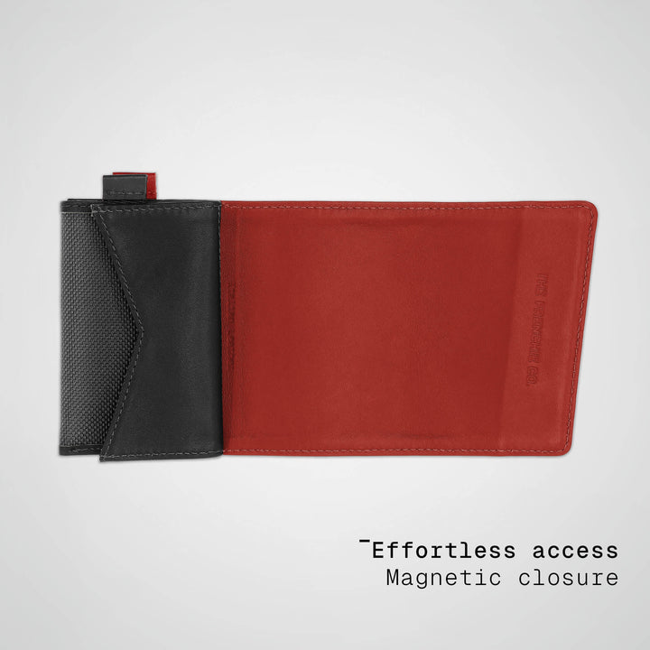 Red and black wallet with magnetic closure on a light gray background