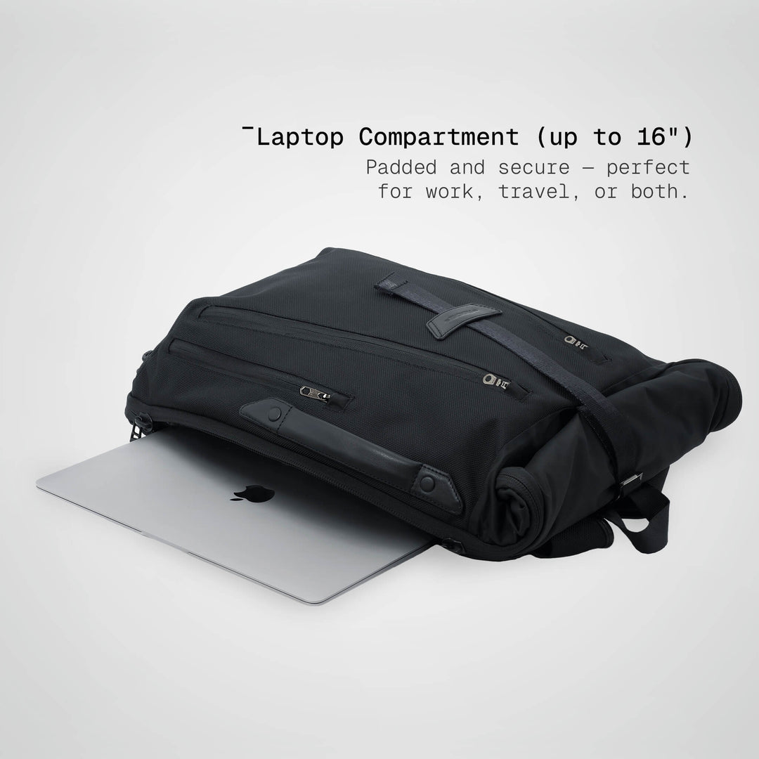 Black backpack with laptop compartment on a white background