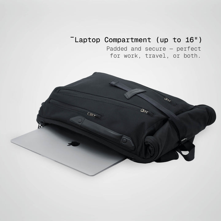 Black backpack with laptop compartment on a white background