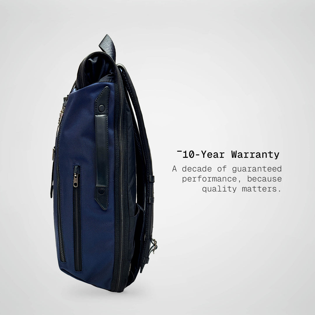 Blue backpack on a white background with text about a 10-year warranty.