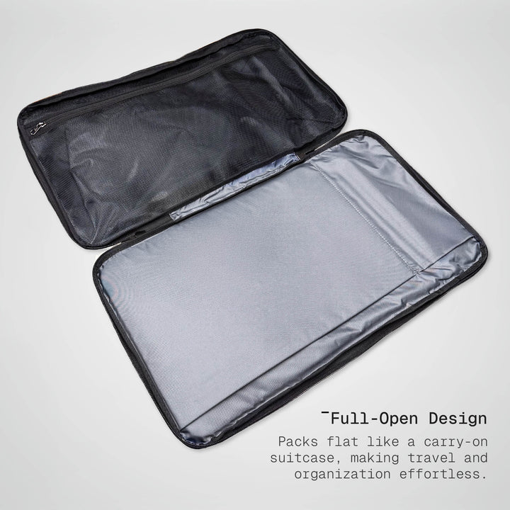 Foldable travel case with transparent lid on a light gray background