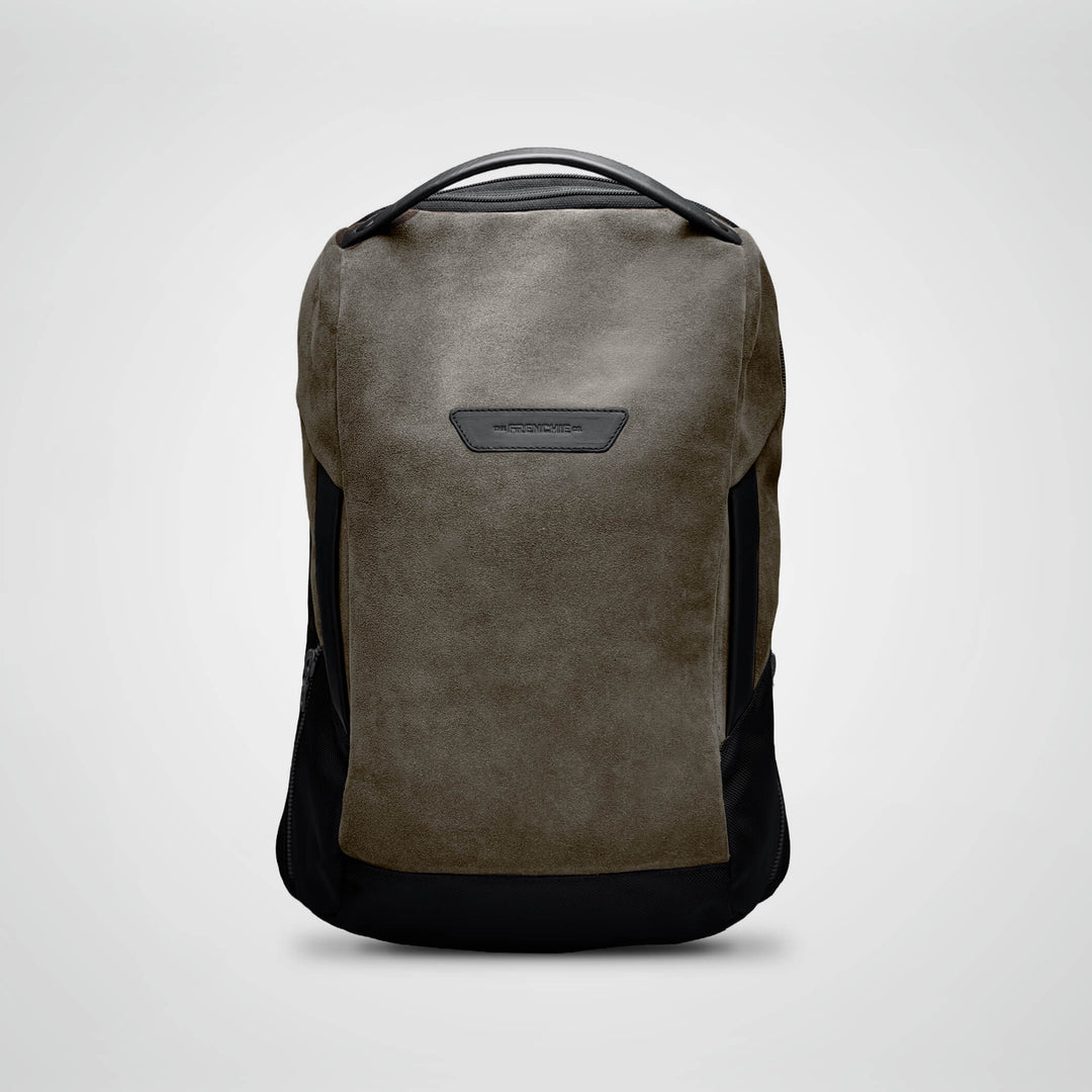 Taupe Vector Speed Backpack, front view in suede