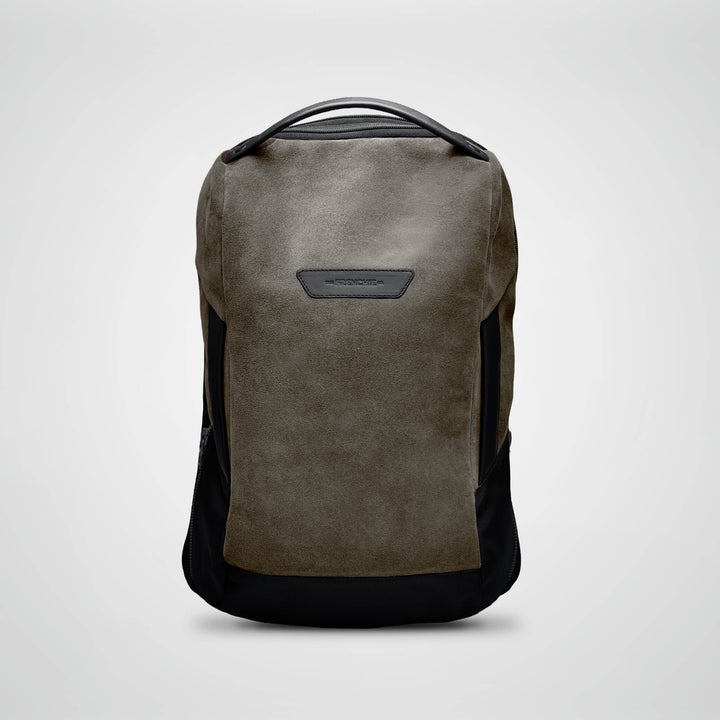 Taupe Vector Speed Backpack, front view in suede