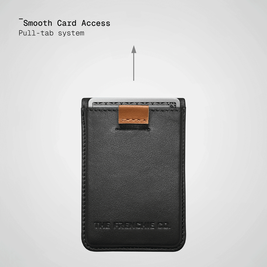 Pull tab raising four cards out of the Black-Tan Speed Wallet Duo