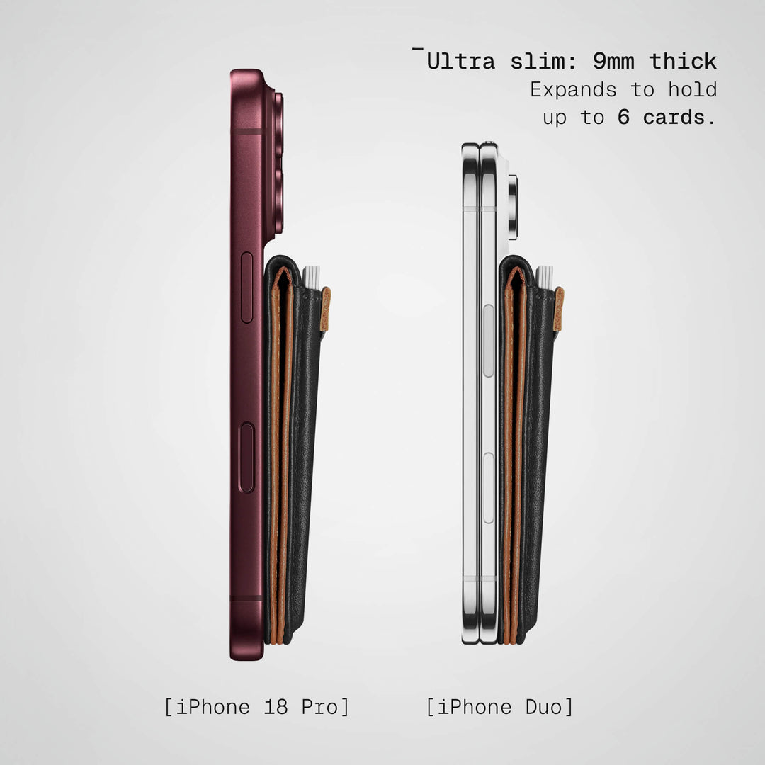 Side profile of the Speed Wallet Duo, 9 mm thick, on a standard iPhone and on an iPhone Duo