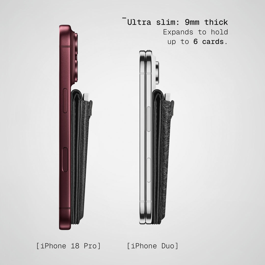 Side profile of the Togo Speed Wallet Duo, 9 mm thick, on a standard iPhone and on an iPhone Duo
