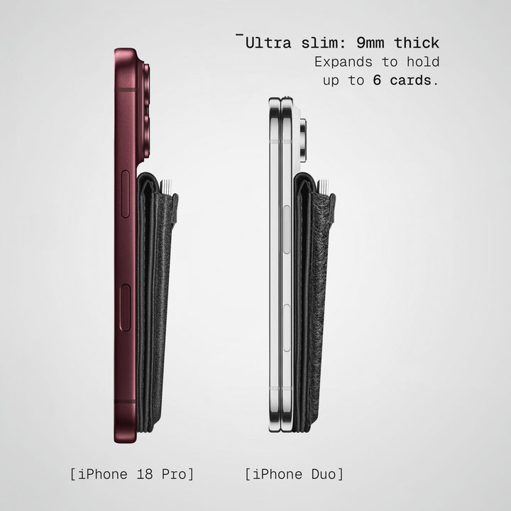 Side profile of the Togo Speed Wallet Duo, 9 mm thick, on a standard iPhone and on an iPhone Duo
