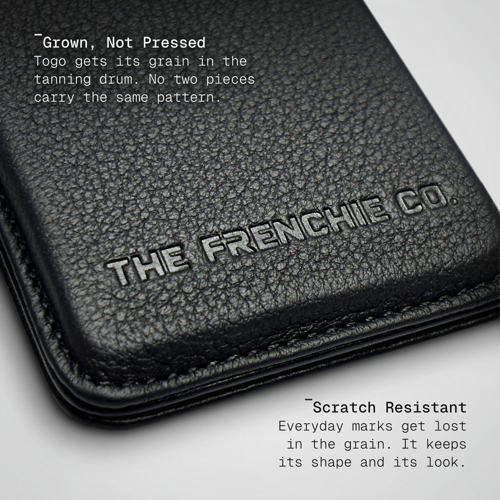 Close-up of the Fine Grain Togo calfskin and embossed logo