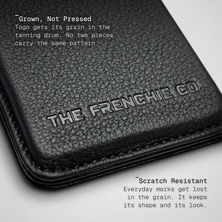 Close-up of the Fine Grain Togo calfskin and embossed logo