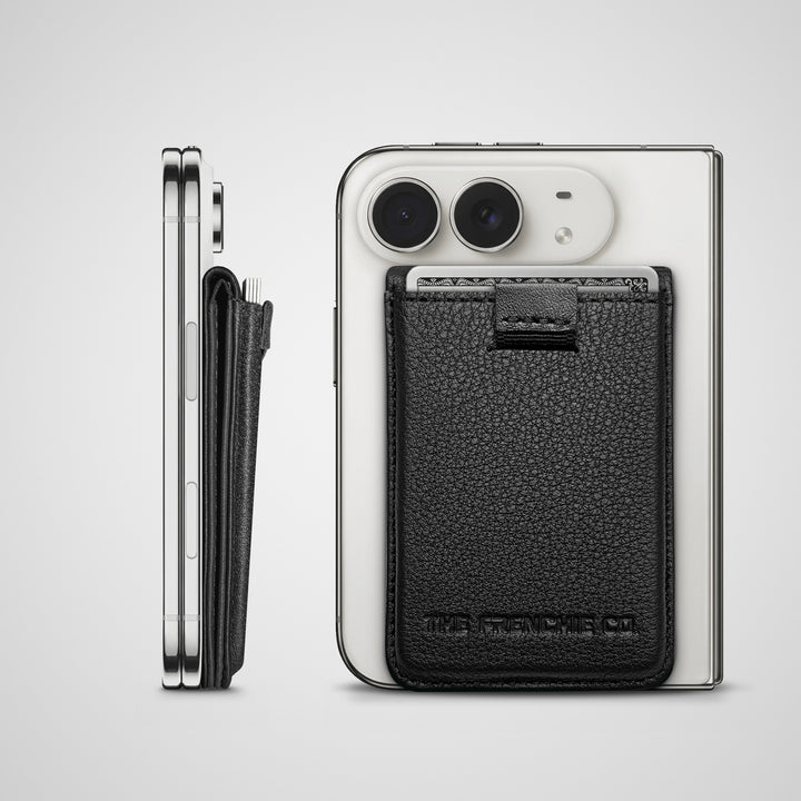Fine Grain Togo Speed Wallet Duo on a folded iPhone Duo, side and back views